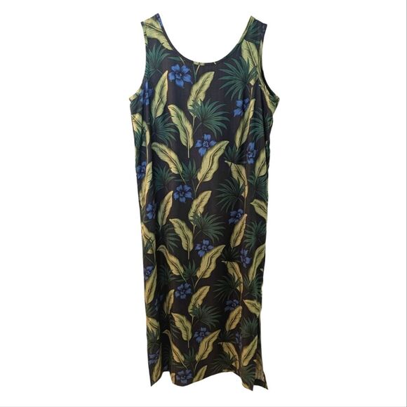 Pineapple Moon Tropical Print Silk Maxi Dress Sleeveless Medium Y2K Style - Picture 1 of 11